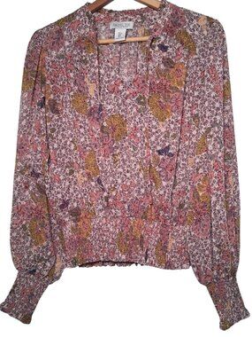 Rachel Zoe Blouse Small Pink Floral Smocked Semi Sheer Boho Peasant Clip Dot